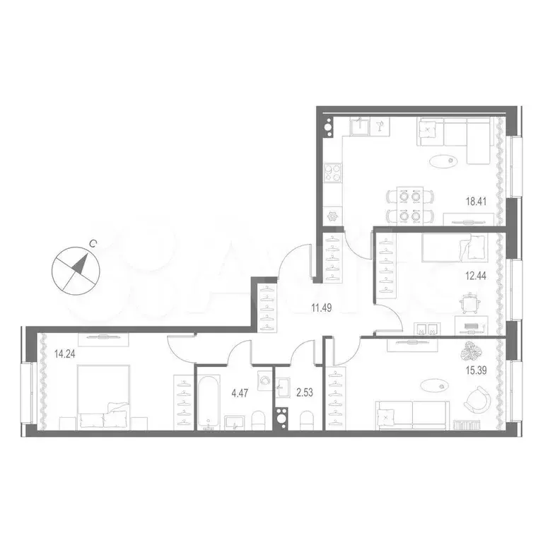 3-к. квартира, 79 м, 8/11 эт. - Фото 0