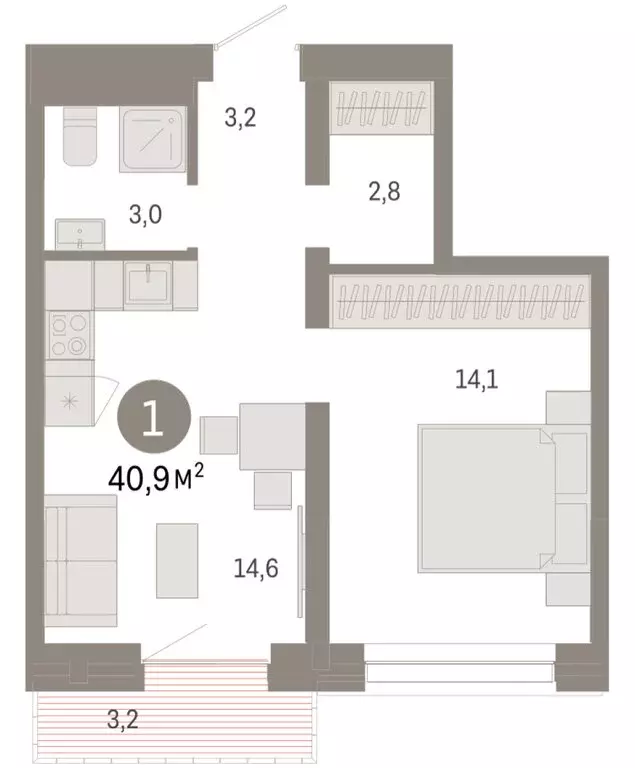 1-комнатная квартира: Тюмень, Причальная улица, 7 (40.94 м) - Фото 1