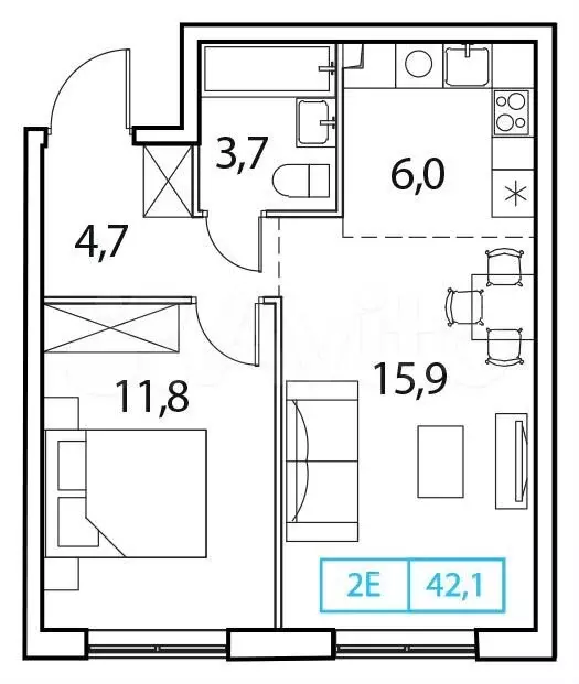 1-к. квартира, 42,1 м, 15/18 эт. - Фото 0