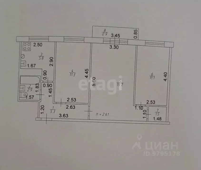 3-к кв. Татарстан, Казань ул. Курчатова, 18 (57.6 м) - Фото 2