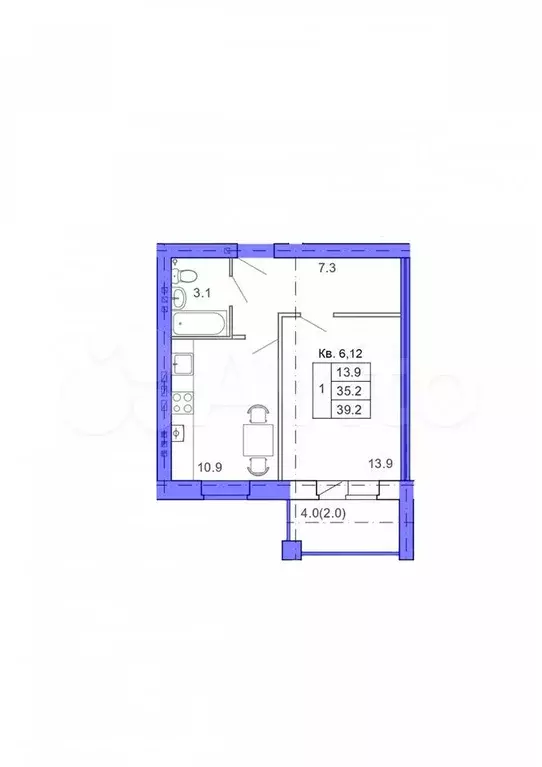 1-к. квартира, 39 м, 2/4 эт. - Фото 1