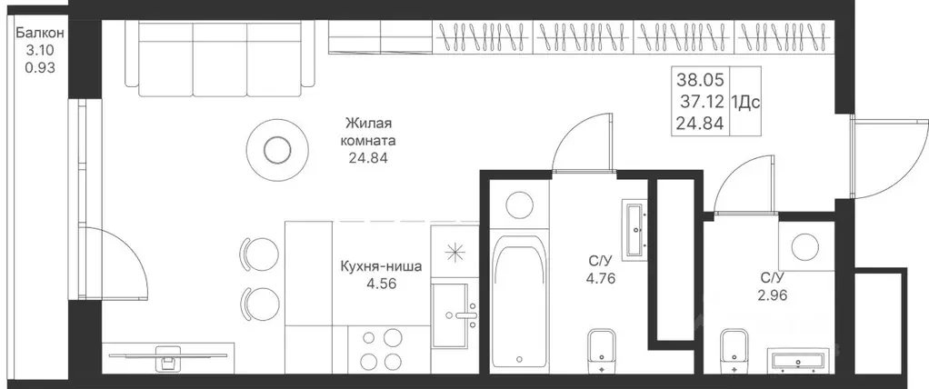 Студия Татарстан, Казань Мой Ритм жилой комплекс, ПК4 (38.05 м) - Фото 0