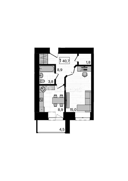 1-комнатная квартира: Чигири, Европейская улица, 13 (40.7 м) - Фото 1