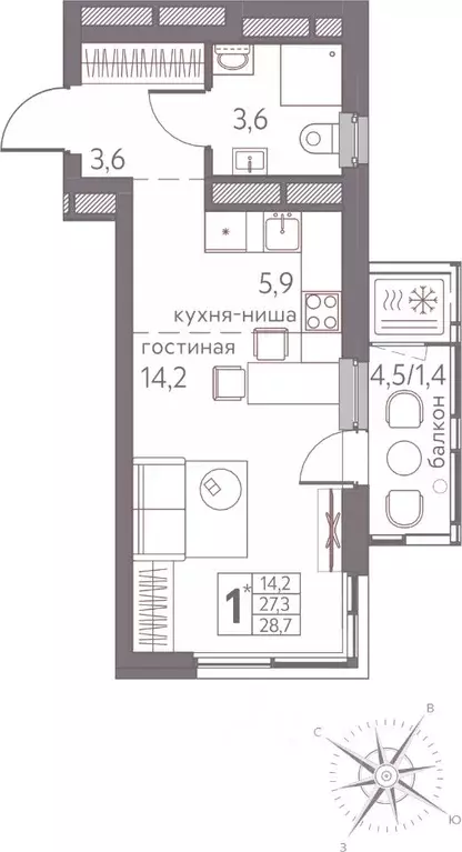 Студия Пермский край, Пермь ул. Серебристая, 3 (27.3 м) - Фото 0