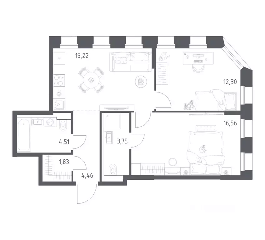 2-к кв. Татарстан, Казань Зилант Премьер жилой комплекс (58.63 м) - Фото 1