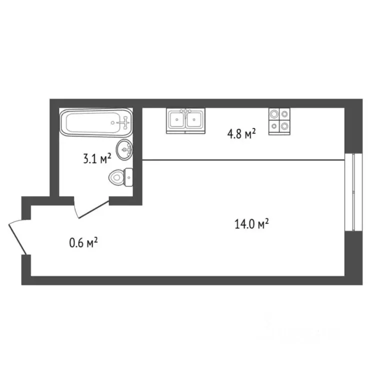 Студия Тюменская область, Тюмень ул. Евгения Войнова, 3 (22.5 м) - Фото 2