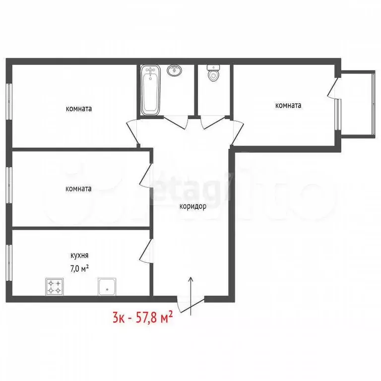 3-к. квартира, 57,8 м, 7/9 эт. - Фото 1
