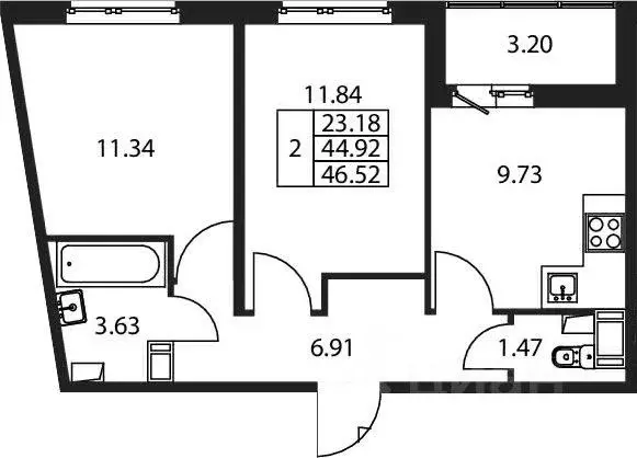 Квартира, 2 комнаты, 48.1 м - Фото 0