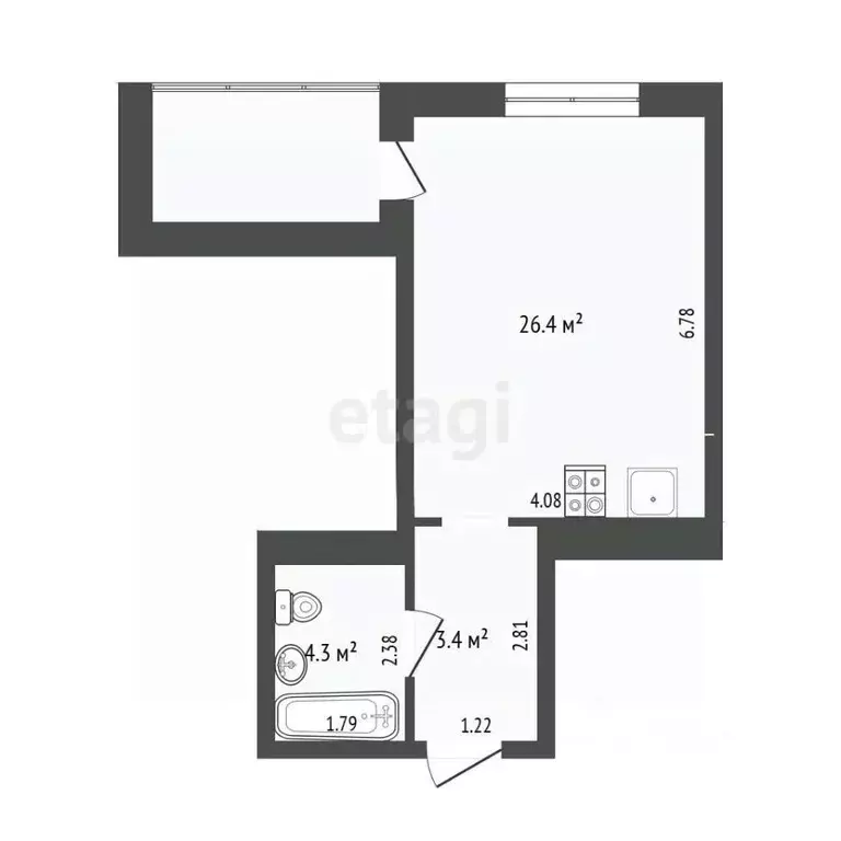 Студия Тюменская область, Тюмень Таврическая ул., 9к4 (34.4 м) - Фото 1