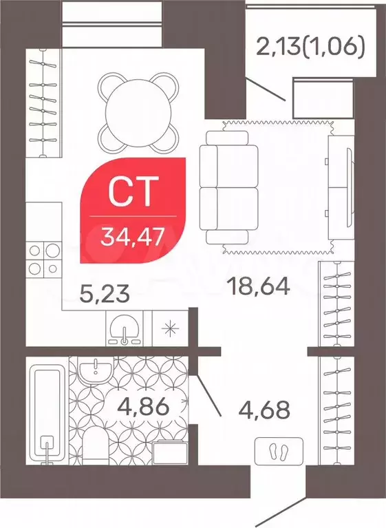 Квартира-студия, 34,5 м, 4/9 эт. - Фото 0