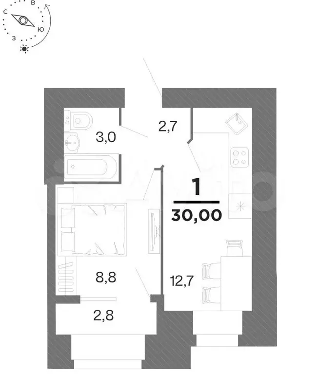 1-к. квартира, 30 м, 12/16 эт. - Фото 0