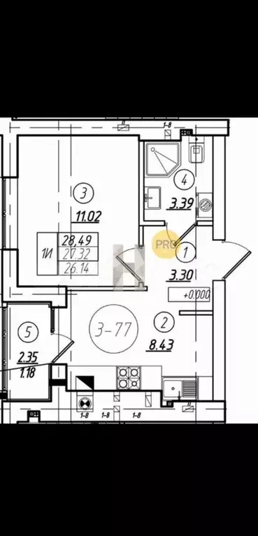 1-к. квартира, 28,5 м, 1/8 эт. - Фото 1