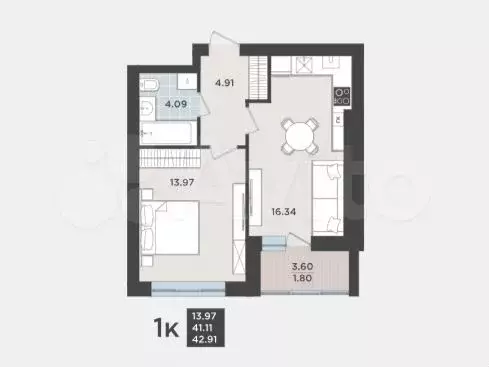 1-к. квартира, 42,9 м, 3/9 эт. - Фото 1