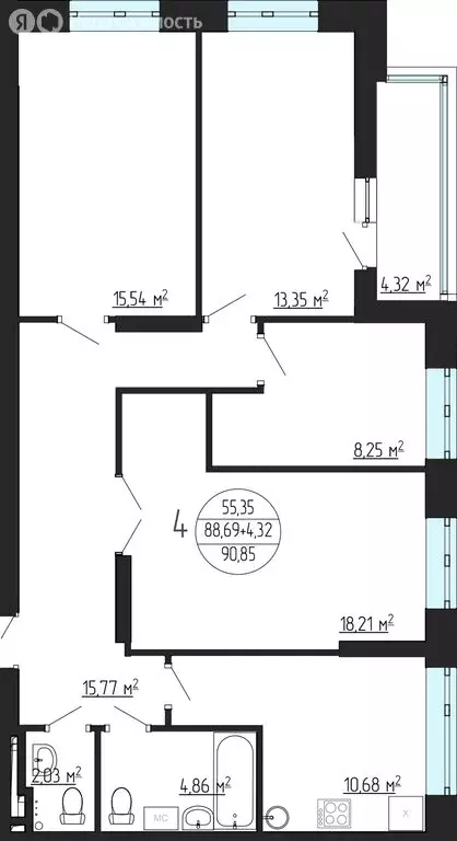 4-комнатная квартира: Уфа, улица Аксакова, 79 (91.11 м) - Фото 1