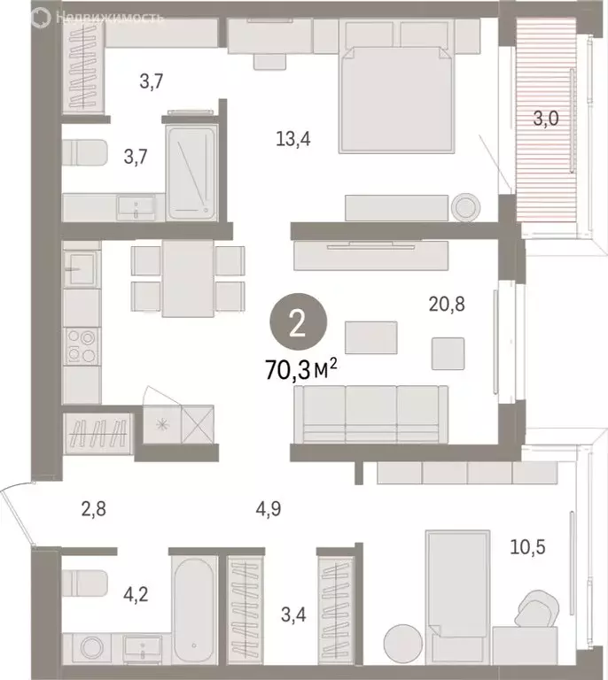 2-комнатная квартира: Тюмень, жилой комплекс На Минской (70.33 м) - Фото 1