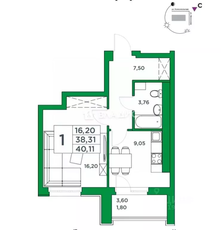 1-к кв. Башкортостан, Уфа Комсомольская ул., 8 (38.31 м) - Фото 2