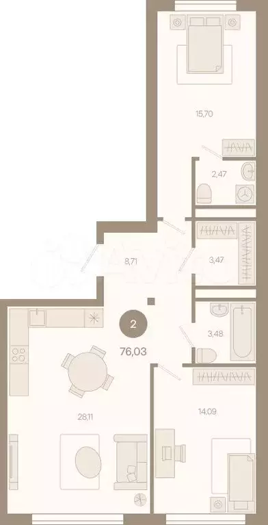 2-к. квартира, 76 м, 3/8 эт. - Фото 0