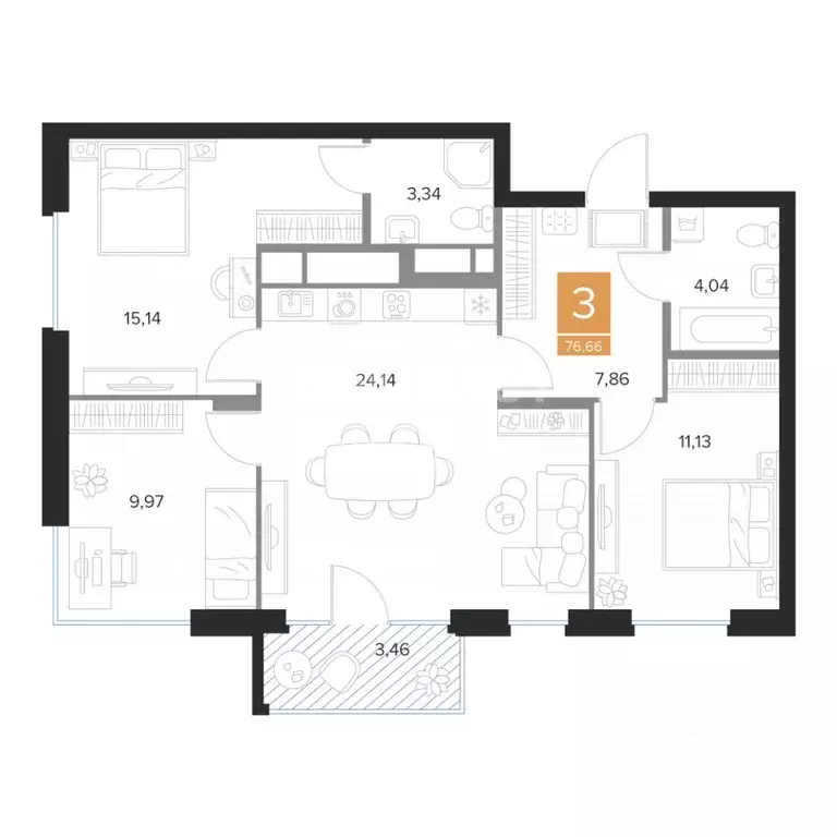 3-к кв. Курская область, Курск ул. Бойцов 9-й Дивизии, 2 (76.66 м) - Фото 2