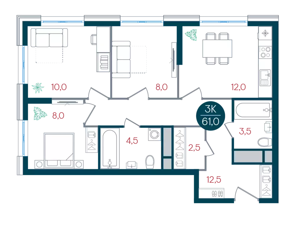 3-к квартира, 61 м - Фото 0