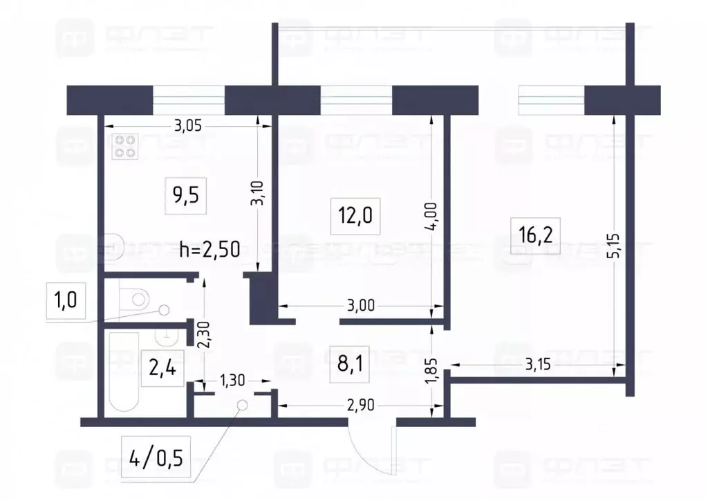 2-к кв. Татарстан, Казань ул. Рихарда Зорге, 107 (49.7 м) - Фото 2