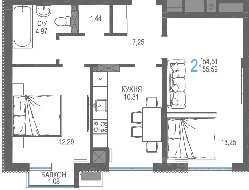 2-к кв. Крым, Симферопольский район, Гвардейское пгт, Республика жилой ... - Фото 1