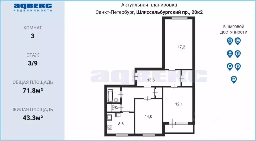 3-к кв. Санкт-Петербург Шлиссельбургский просп., 20К2 (71.8 м) - Фото 1