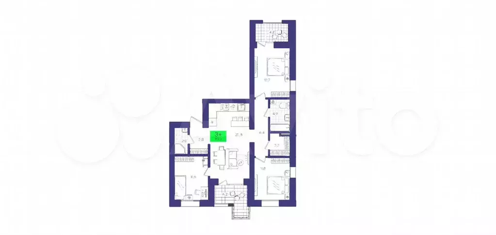 3-к. квартира, 93 м, 5/9 эт. - Фото 1