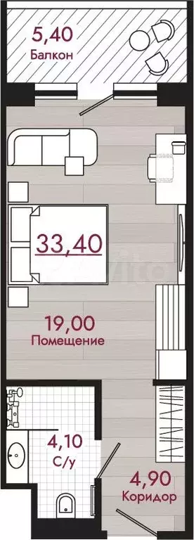 Квартира-студия, 33,4 м, 6/8 эт. - Фото 0