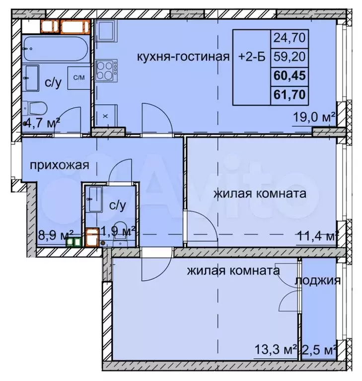 2-к. квартира, 60,5м, 3/15эт. - Фото 0