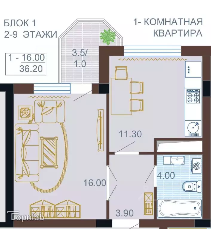 1-к кв. Кабардино-Балкария, Нальчик ул. Идарова (36.2 м) - Фото 0