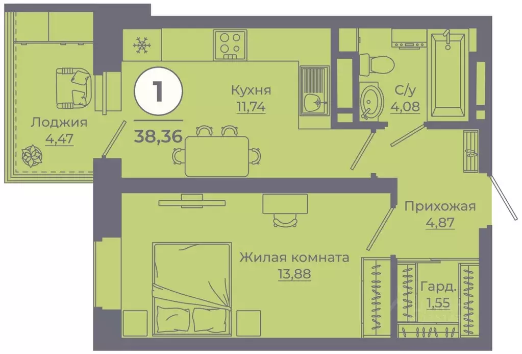 1-к кв. Ростовская область, Ростов-на-Дону ул. Еременко, 113 (38.02 м) - Фото 1
