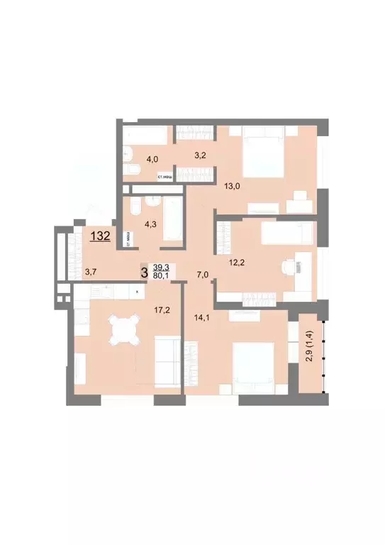 3-к кв. Свердловская область, Екатеринбург ул. Шаумяна, 77 (80.1 м) - Фото 1