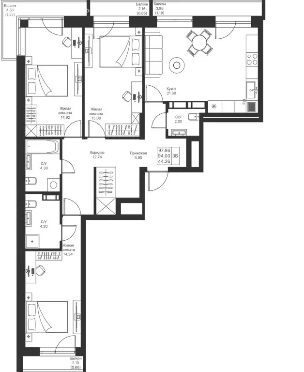 3-комнатная квартира: Казань, ЖК Мой Ритм (97.86 м) - Фото 0