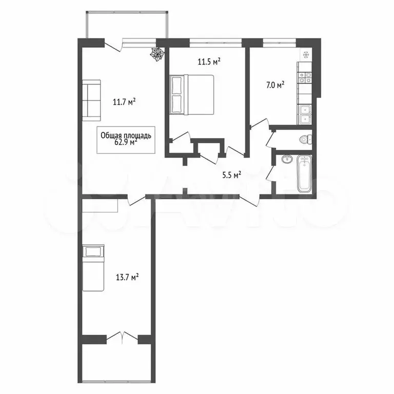 3-к. квартира, 62,9 м, 8/9 эт. - Фото 0