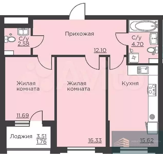 2-к. квартира, 64,8 м, 2/18 эт. - Фото 0