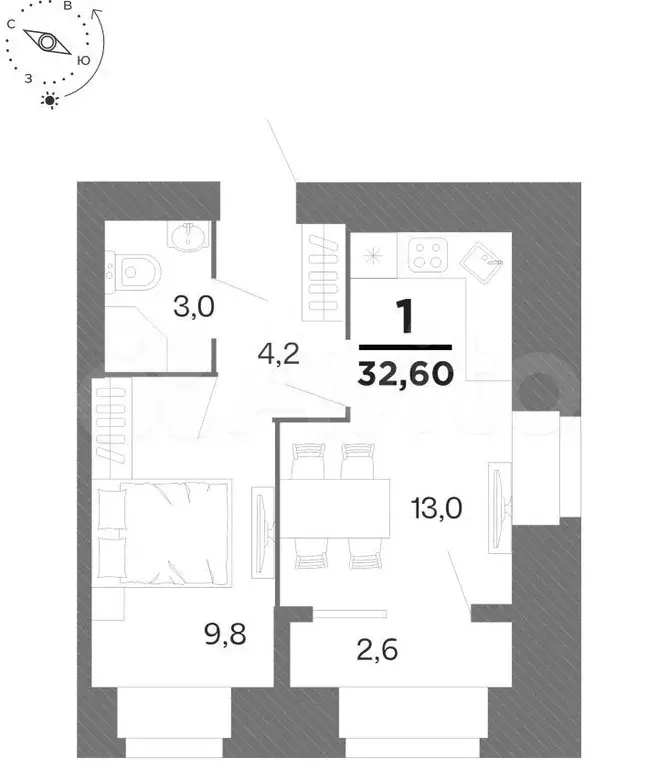 1-к. квартира, 32,6 м, 2/16 эт. - Фото 0