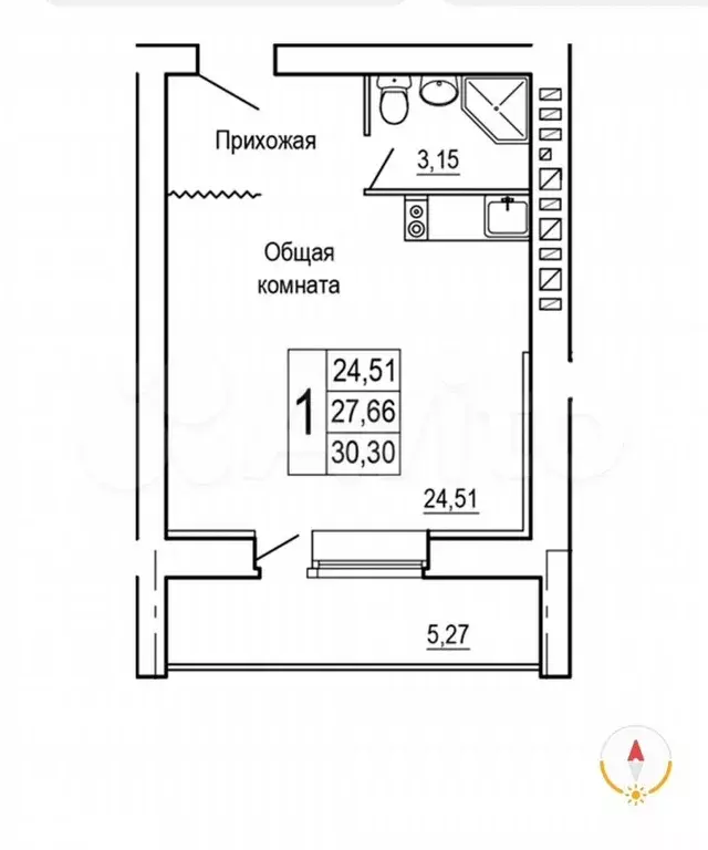 Квартира-студия, 32,9 м, 8/9 эт. - Фото 1