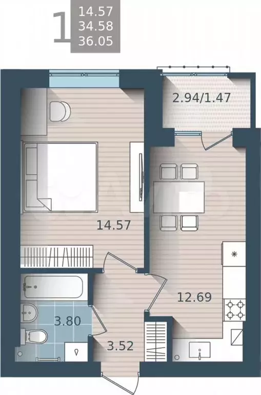 1-к. квартира, 36м, 3/4эт. - Фото 1