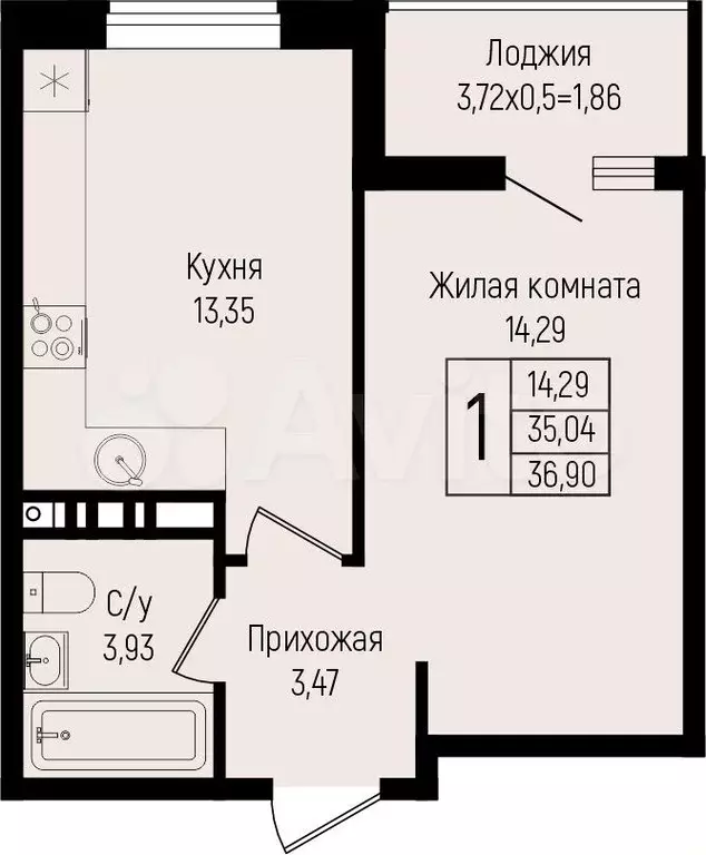 1-к. квартира, 36,9 м, 6/15 эт. - Фото 0