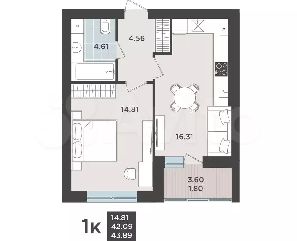 1-к. квартира, 42,1 м, 7/9 эт. - Фото 1