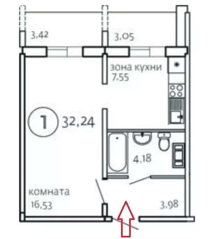 1-комнатная квартира: Челябинск, улица Маршала Чуйкова, 32 (32.24 м) - Фото 0