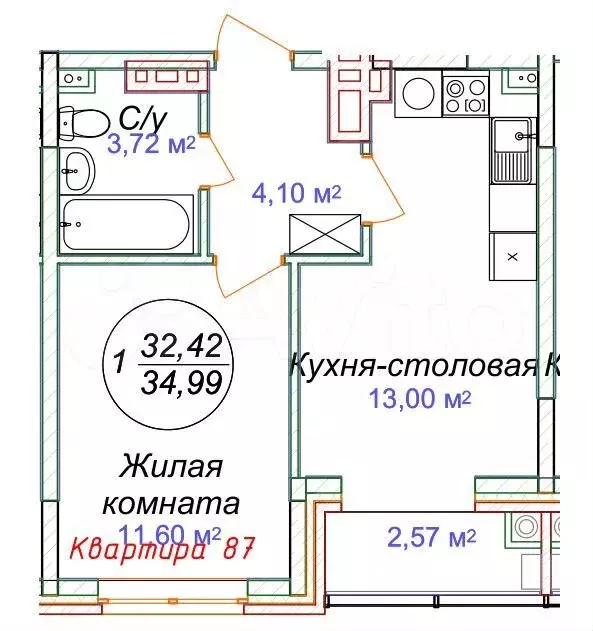 1-к. квартира, 35 м, 5/5 эт. - Фото 1