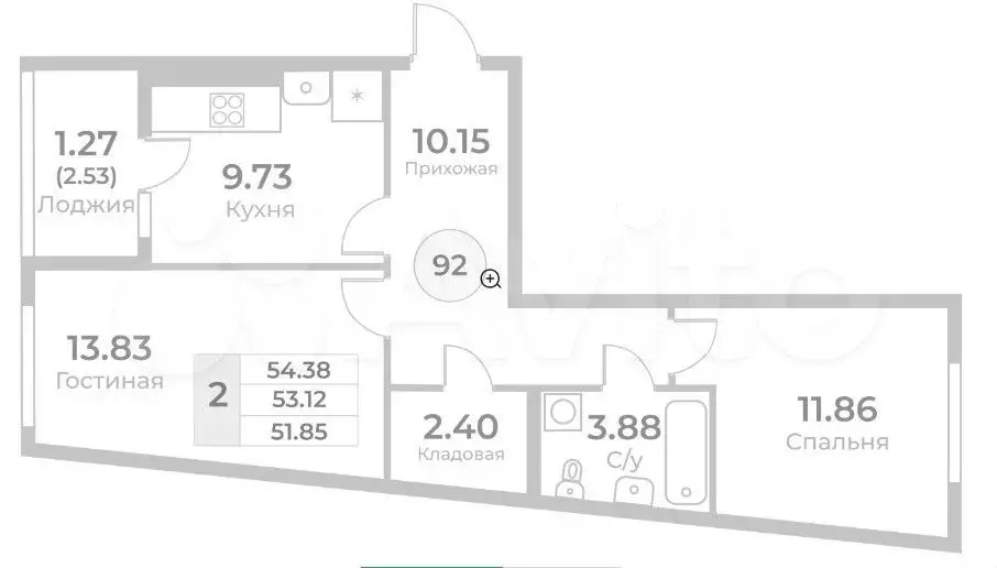 2-к. квартира, 53,1 м, 4/9 эт. - Фото 1