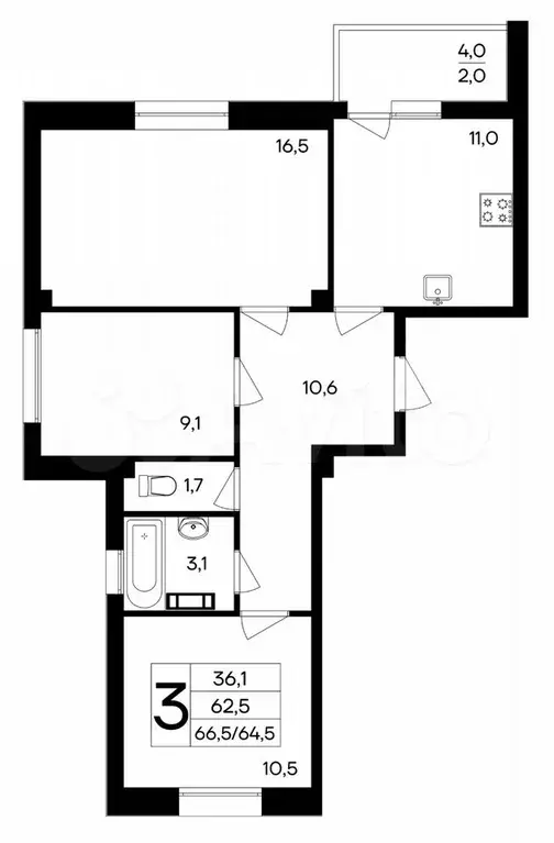 3-к. квартира, 64,5 м, 8/9 эт. - Фото 0