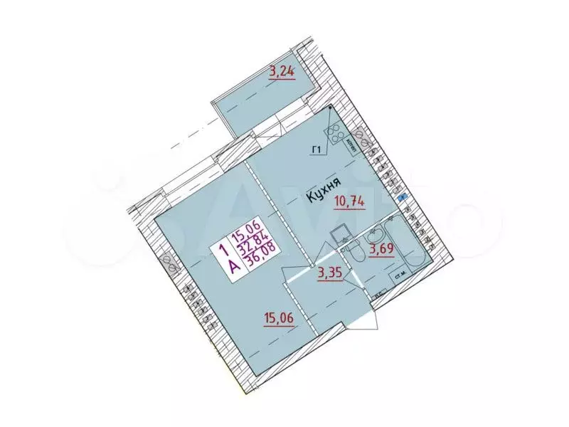 1-к. квартира, 36,1 м, 5/6 эт. - Фото 0