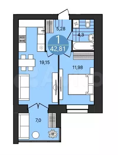 1-к. квартира, 42,8 м, 3/4 эт. - Фото 1