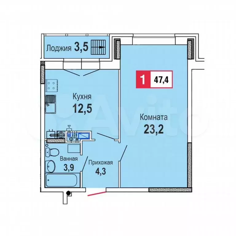 1-к. квартира, 45,9 м, 4/4 эт. - Фото 1