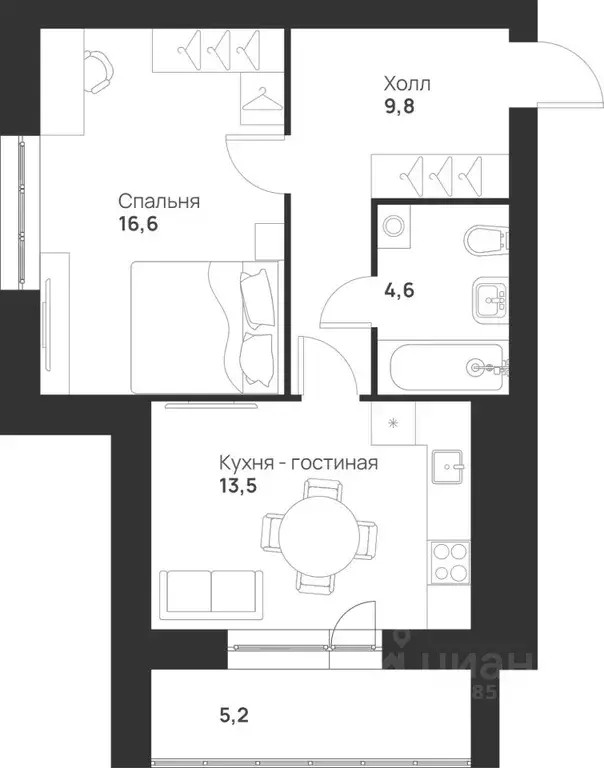 1-к кв. Тульская область, Тула ул. Героев России, 6 (49.7 м) - Фото 1