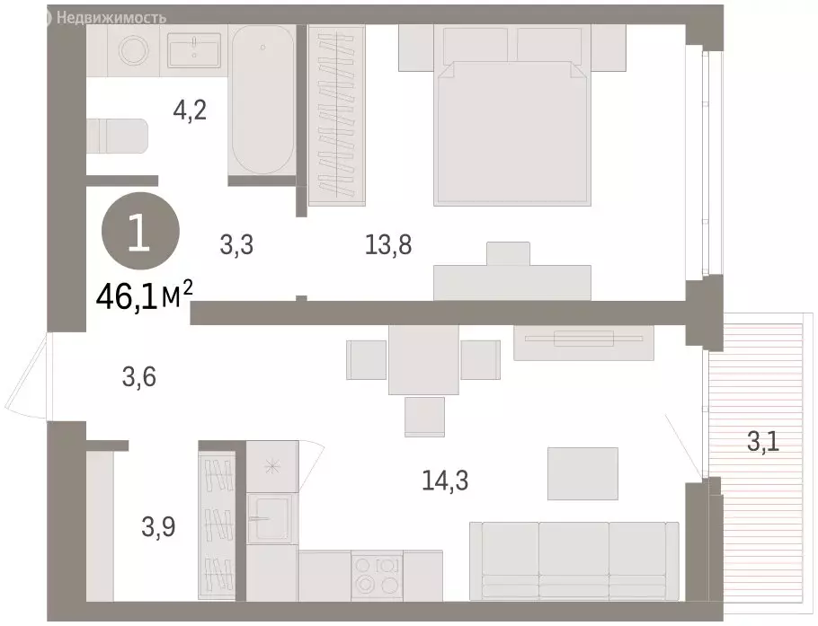 1-комнатная квартира: Тюмень, улица Павла Фитина, 3 (46.2 м) - Фото 2
