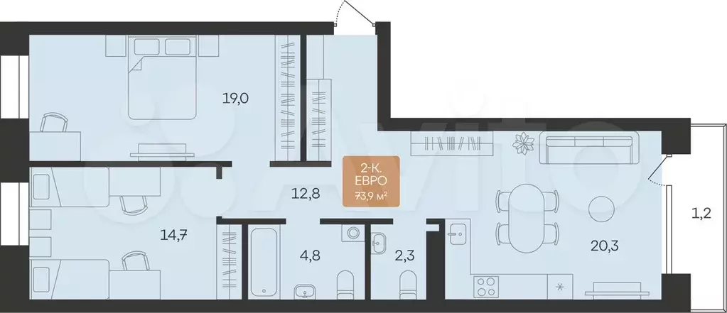 2-к. квартира, 73,9 м, 6/6 эт. - Фото 0